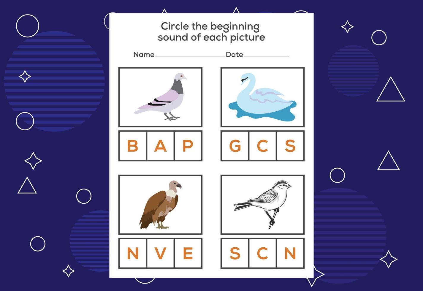 cerchia il suono iniziale di ogni uccello. gioco educativo per bambini vettore