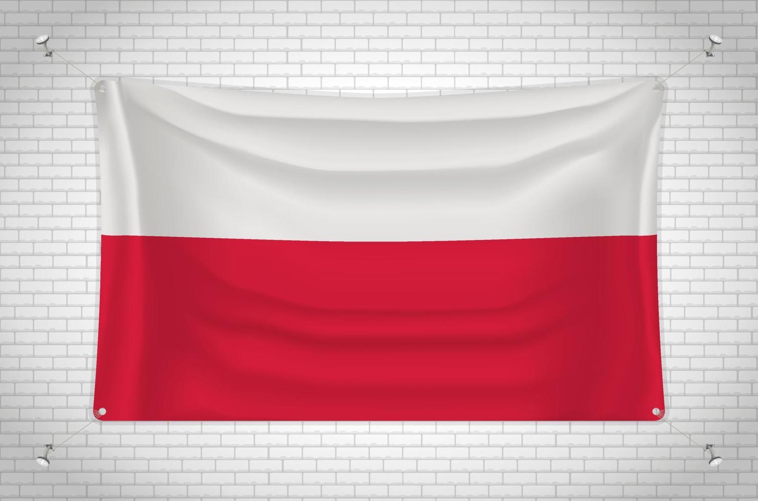 bandiera della Polonia appesa al muro di mattoni. disegno 3d. bandiera attaccata al muro. disegnando ordinatamente in gruppi su livelli separati per una facile modifica. vettore
