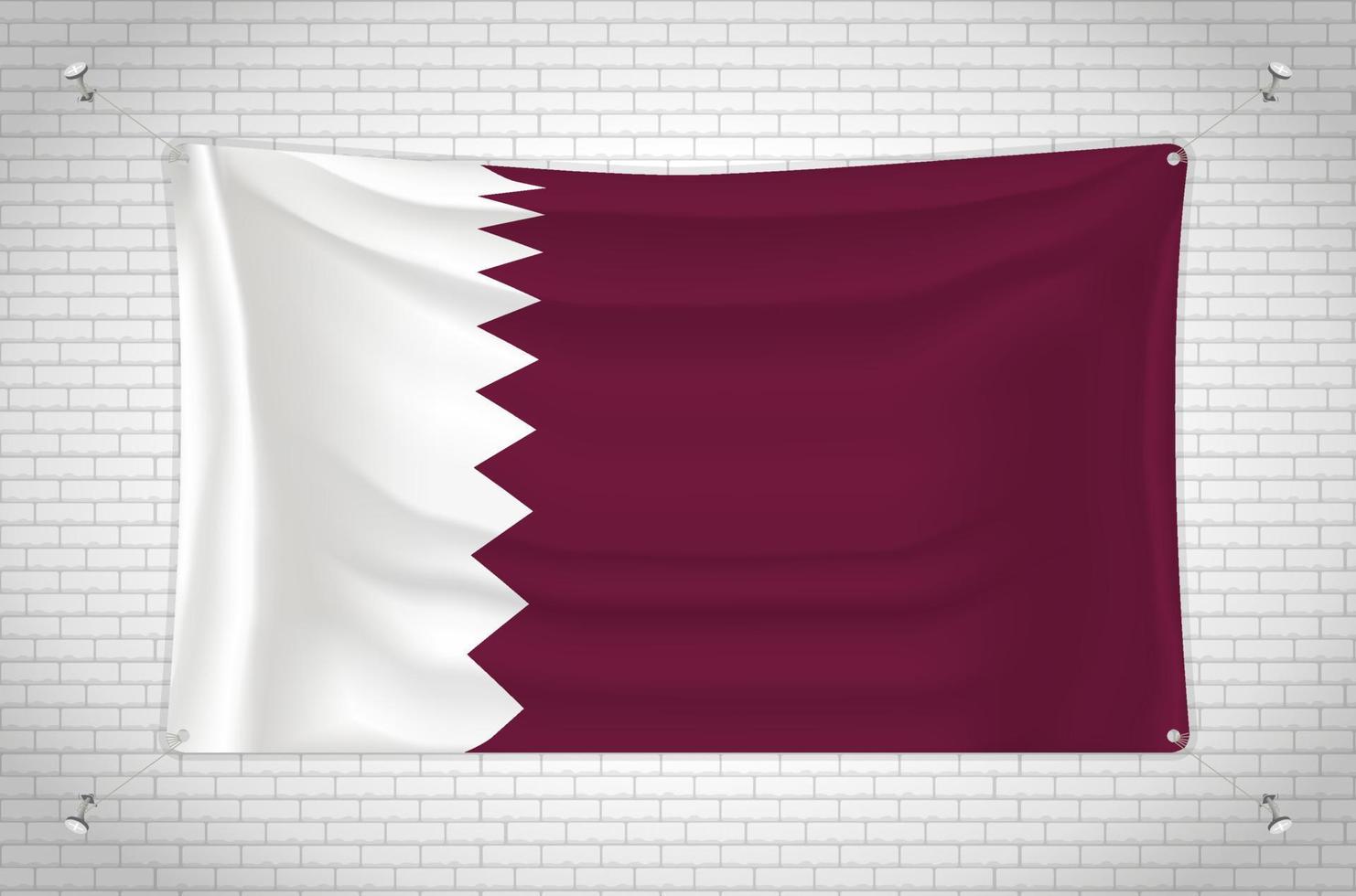 bandiera del Qatar appesa al muro di mattoni. disegno 3d. bandiera attaccata al muro. disegnando ordinatamente in gruppi su livelli separati per una facile modifica. vettore