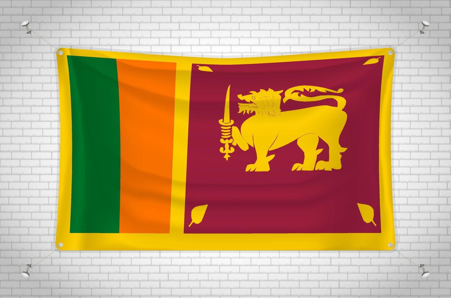 bandiera dello Sri Lanka appesa al muro di mattoni. disegno 3d. bandiera attaccata al muro. disegnando ordinatamente in gruppi su livelli separati per una facile modifica. vettore