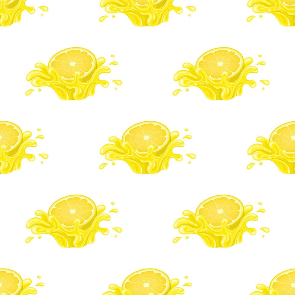 modello senza cuciture con spruzzata di succo di limone fresco e luminoso burst isolato su sfondo bianco. succo di frutta estivo. stile cartone animato. illustrazione vettoriale per qualsiasi disegno.