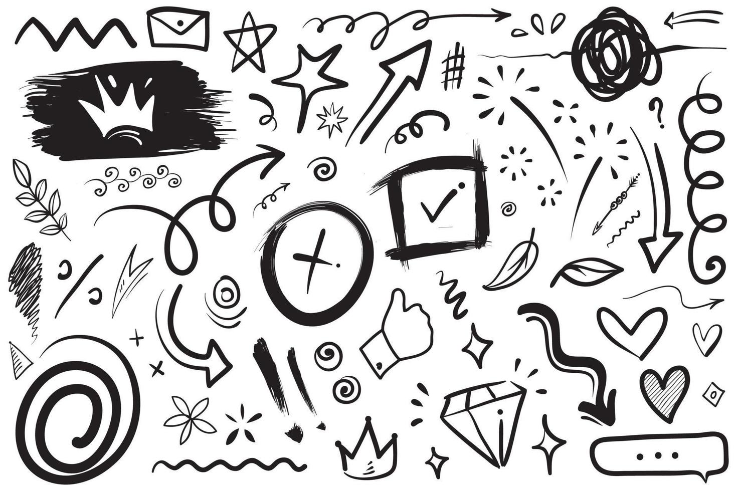 elementi di set disegnati a mano, frecce astratte, nastri, cuori, stelle, corone e altri elementi in uno stile disegnato a mano per i concept design. illustrazione di scarabocchi. illustrazione vettoriale. vettore