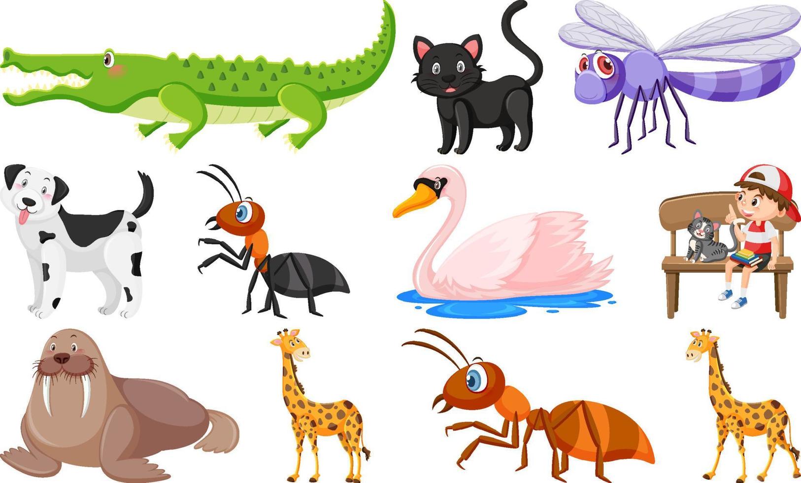 set di vari animali selvatici in stile cartone animato vettore