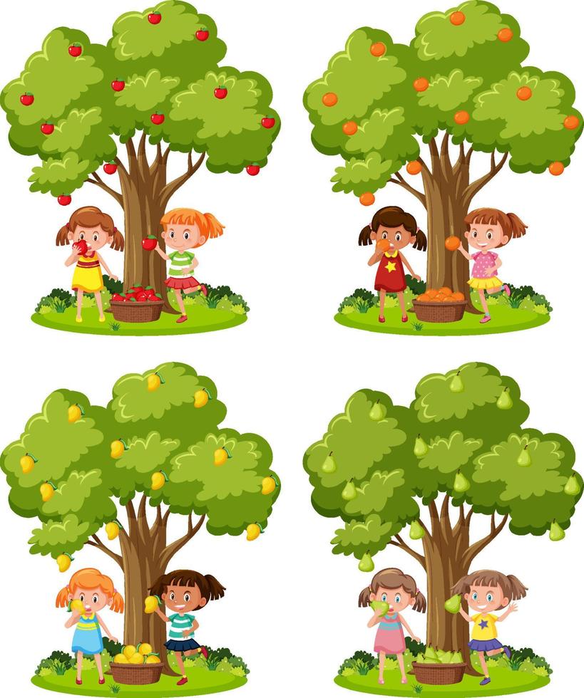 set di bambini che giocano sotto gli alberi vettore