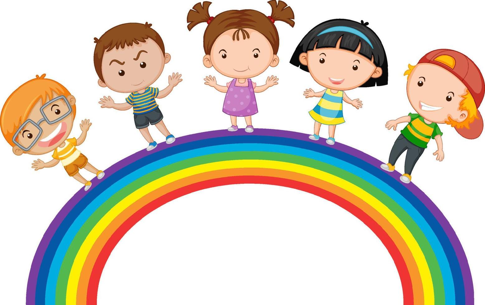 set di bambini felici in piedi sull'arcobaleno vettore