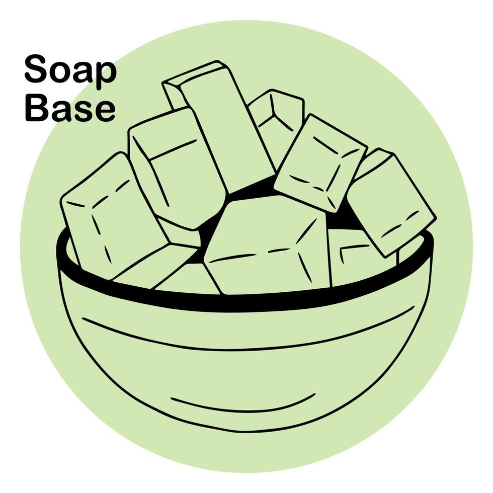 pezzi quadrati di base di sapone giacciono in una ciotola, vaso per fare il sapone fatto a mano. un elemento. produzione di cosmetici naturali per la casa vettore