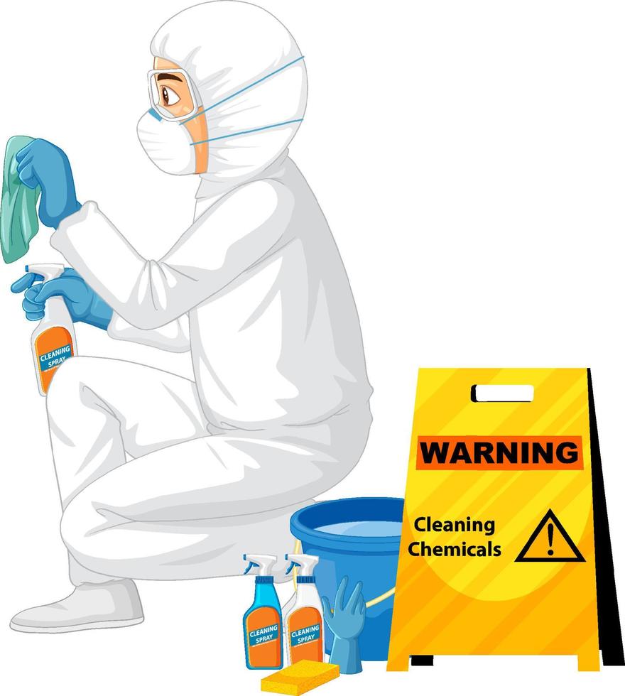 uomo in tuta protettiva ignifuga con segno di prodotti chimici per la pulizia vettore