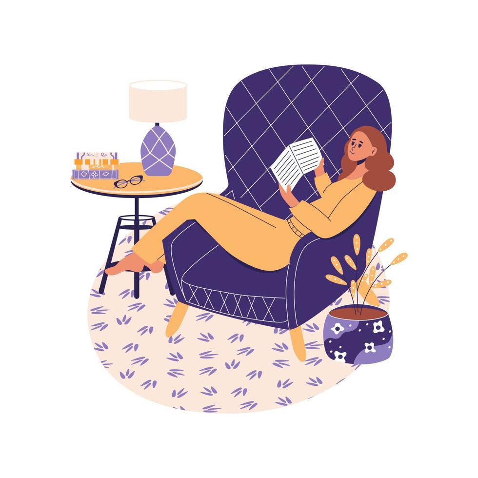 giovane donna a casa seduta su poltrona classica e libro di lettura. cura di sé, riposo, relax, tempo per te stesso concetto. ragazza sdraiata sul divano. illustrazione vettoriale piatta in colori alla moda.