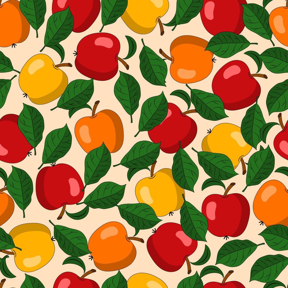 senza cuciture con mele rosse, arancioni, gialle mature e foglie verdi. densamente disposizione degli elementi. illustrazione vettoriale. buono per la cucina, la decorazione della casa. vettore