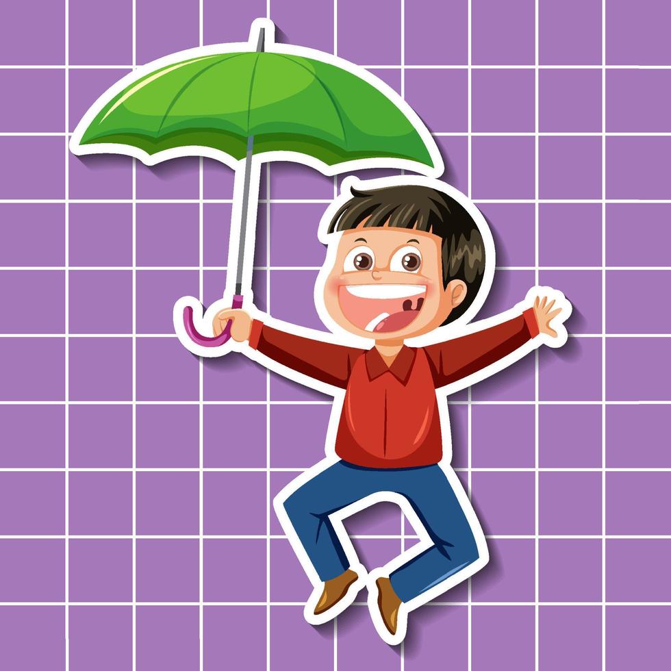 simpatico personaggio dei cartoni animati del ragazzo che tiene lo stile dell'autoadesivo dell'ombrello vettore