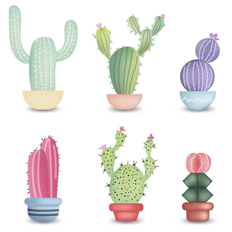 set di diversi cactus realistici colorati in vaso. illustrazione vettoriale isolato su sfondo bianco.