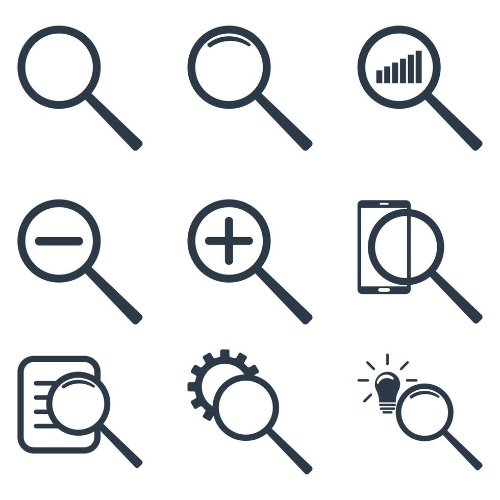 set di icone di ingrandimento diverse. zoom, statistica, ricerca informazioni, trova idea. illustrazione vettoriale isolato su sfondo bianco.