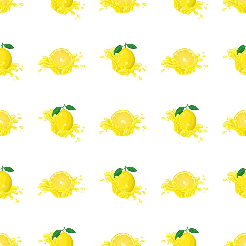 modello senza cuciture con spruzzata di succo di limone fresco e luminoso burst isolato su sfondo bianco. succo di frutta estivo. stile cartone animato. illustrazione vettoriale per qualsiasi disegno.