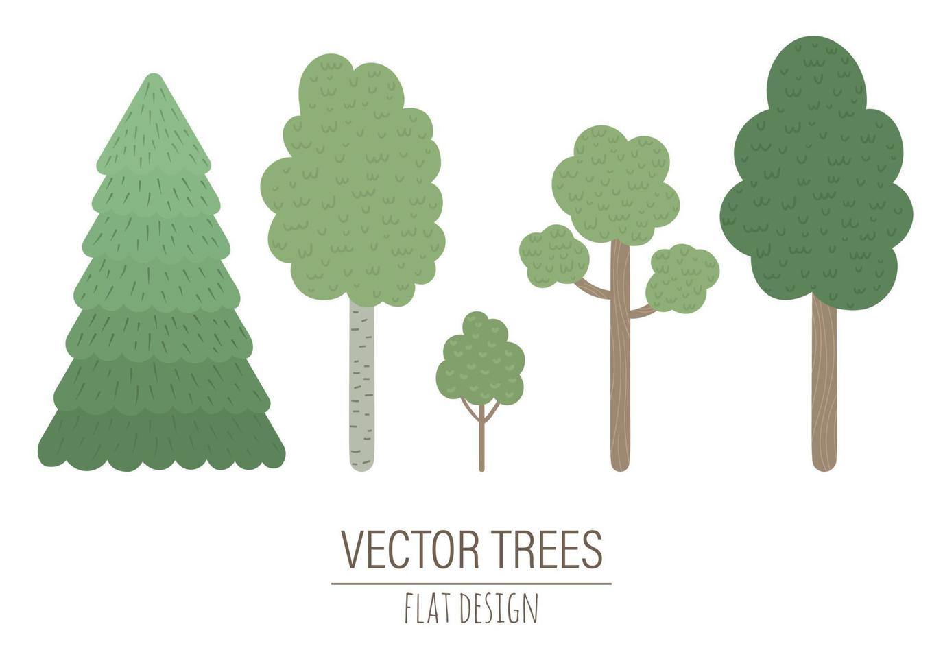 insieme vettoriale di alberi piatti disegnati a mano isolati su sfondo bianco. collezione di piante forestali per il design dei bambini.