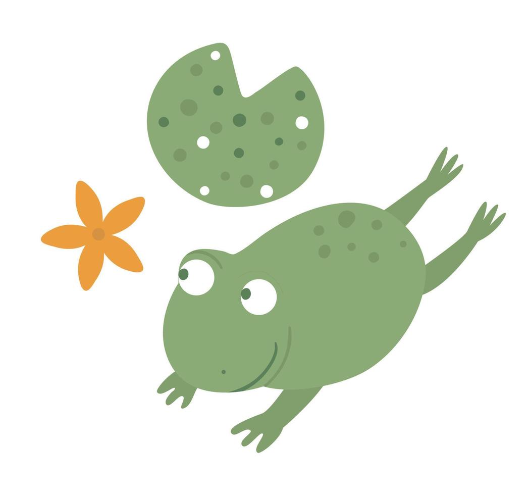 vettore stile cartone animato piatto divertente rana con ninfea isolato su sfondo bianco. illustrazione carina dell'animale della palude del bosco. icona di anfibio che salta
