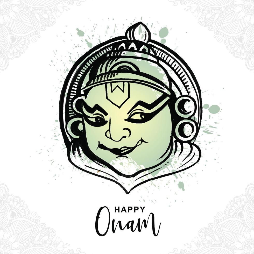 disegnare a mano felice onam kathakali faccia illustrazione sul disegno di schizzo vettore