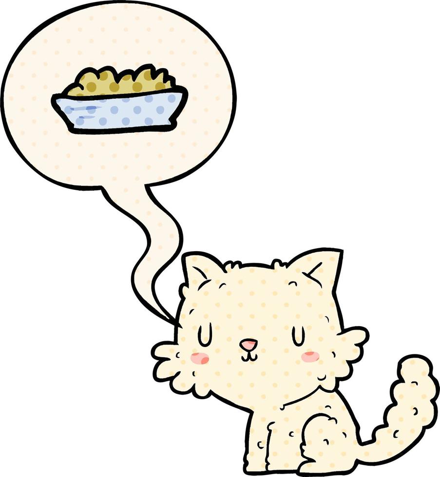 simpatico cartone animato gatto e cibo e nuvoletta in stile fumetto vettore