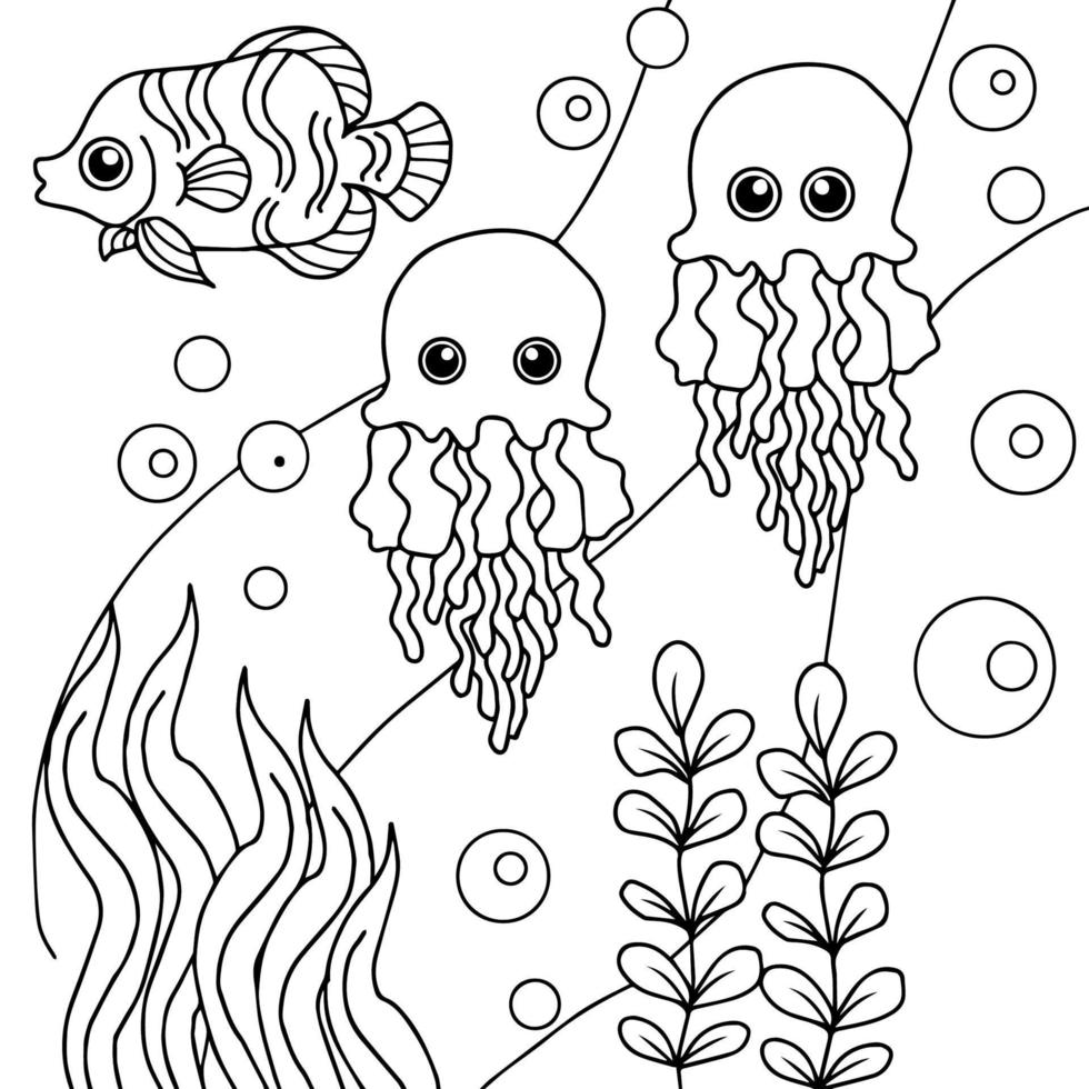 disegno vettoriale colorazione pagina pesce in mare per il bambino