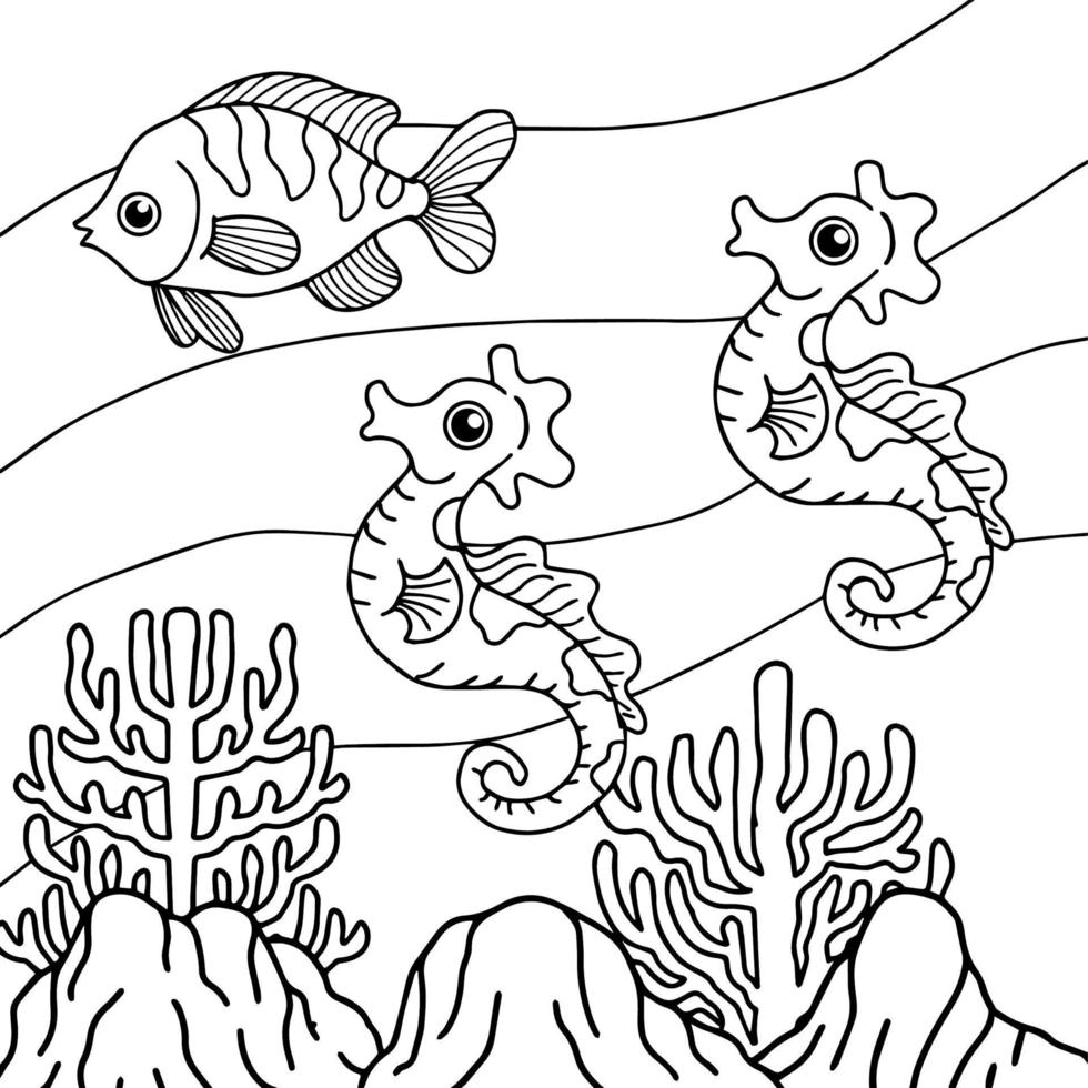 disegno vettoriale colorazione pagina pesce in mare per il bambino