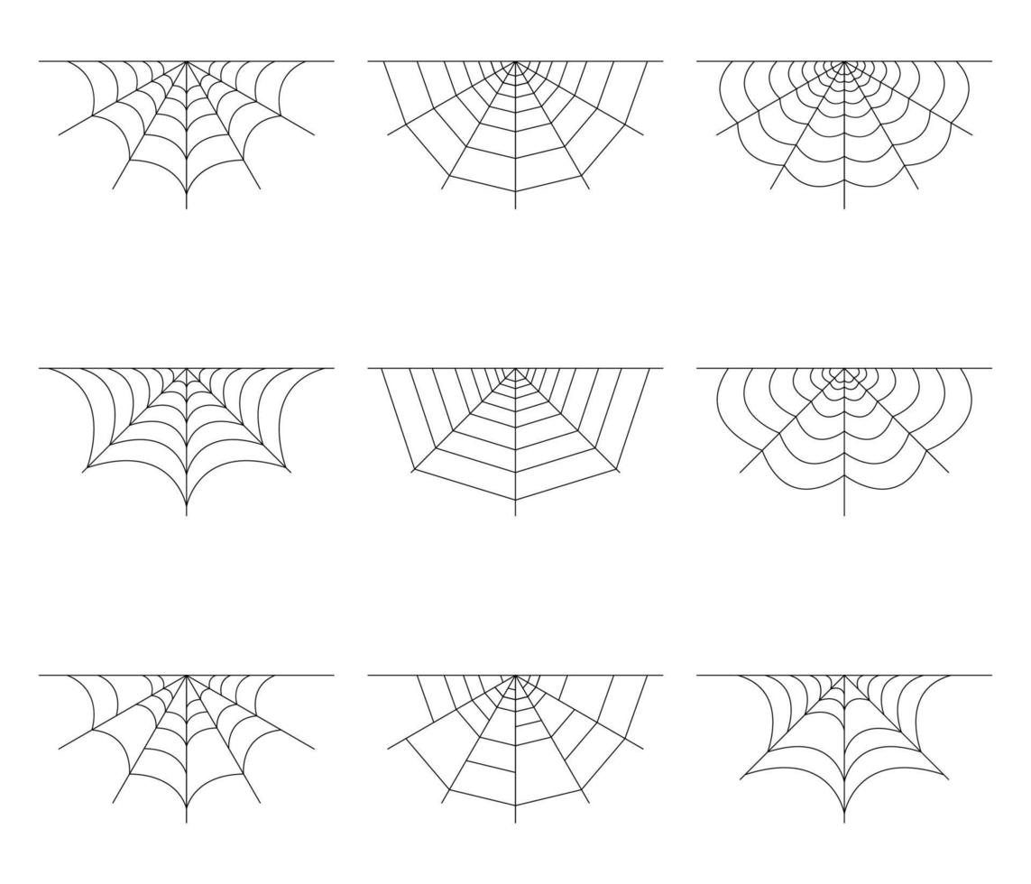 set di mezza ragnatela isolata su sfondo bianco. elementi di ragnatela di halloween. stile della linea di ragnatela di raccolta. illustrazione vettoriale per qualsiasi disegno.