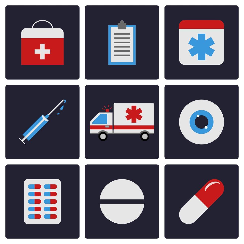 set di icone piatte della medicina. ambulanza, pillola, occhio, compressa, siringa. illustrazione vettoriale per il tuo design, web.