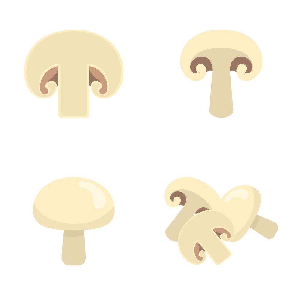 set di funghi prataioli freschi isolati su sfondo bianco. icone di funghi per il mercato, il design della ricetta. cibo organico. stile cartone animato. illustrazione vettoriale per il design.