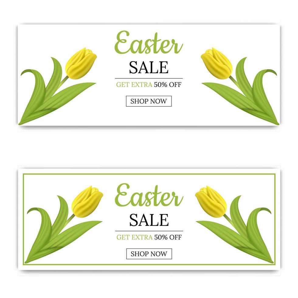 sfondo modello banner vendita pasqua con tulipani gialli. buono, carta da parati, volantini, invito, poster, brochure, sconto coupon, biglietto di auguri. illustrazione vettoriale. vettore