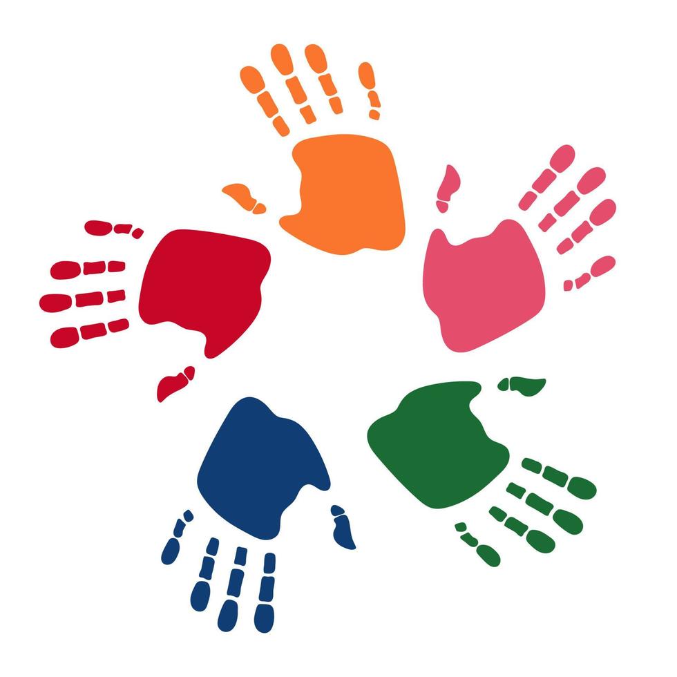 palme umane colorate. impronta della mano dei bambini. modello di logo. simbolo di squadra, amicizia, unito, sostegno, famiglia. illustrazione vettoriale pulita e moderna per design, web.