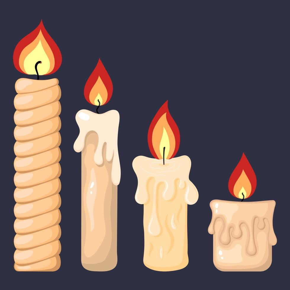 collezione di candele accese dalla cera di paraffina per il tuo design. illustrazione vettoriale isolato su sfondo scuro. stile cartone animato. elementi di vacanza.