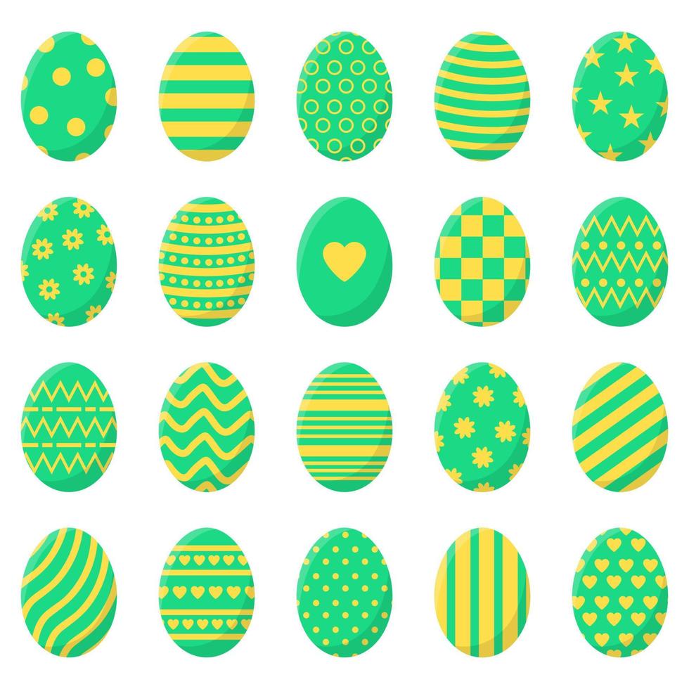 set di uova di Pasqua isolato su sfondo bianco. diverse uova colorate con strisce, punti, cuori e motivi. perfetto per biglietti di auguri, inviti. illustrazione vettoriale in design piatto.