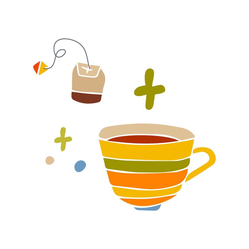 tazza di tè con confezione, illustrazione vettoriale carino
