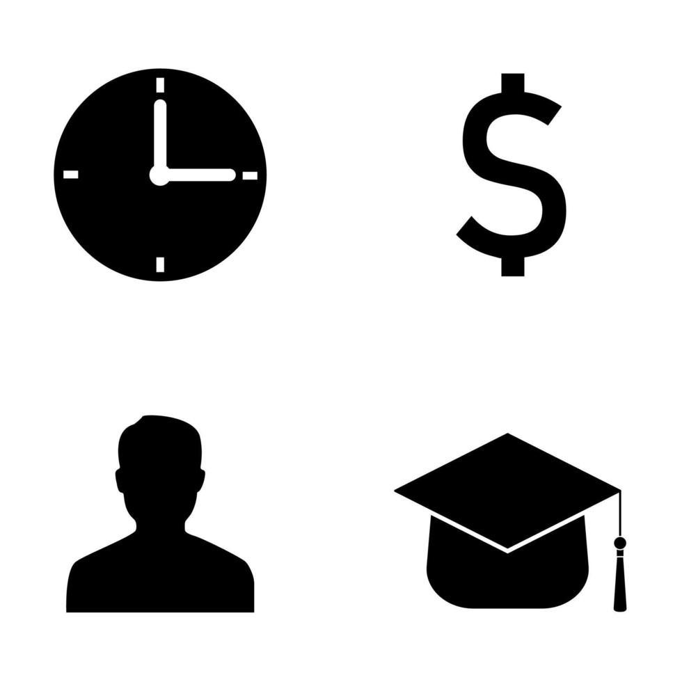 tempo, denaro, uomo, icone di conoscenza isolate su priorità bassa bianca. concetto di affari. segni di sagoma nera. illustrazione vettoriale per il tuo design, web.