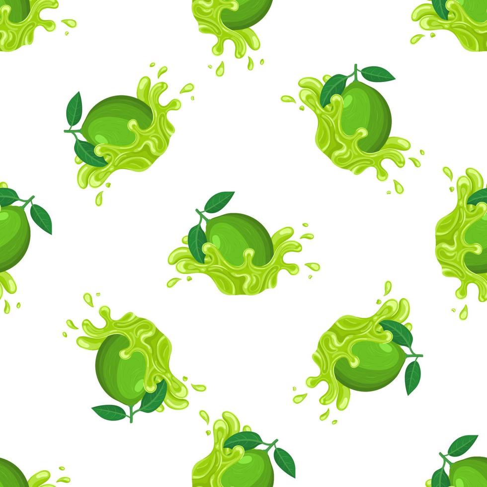 modello senza cuciture con spruzzata di succo di lime fresco e brillante isolato su sfondo bianco. succo di frutta estivo. stile cartone animato. illustrazione vettoriale per qualsiasi disegno.