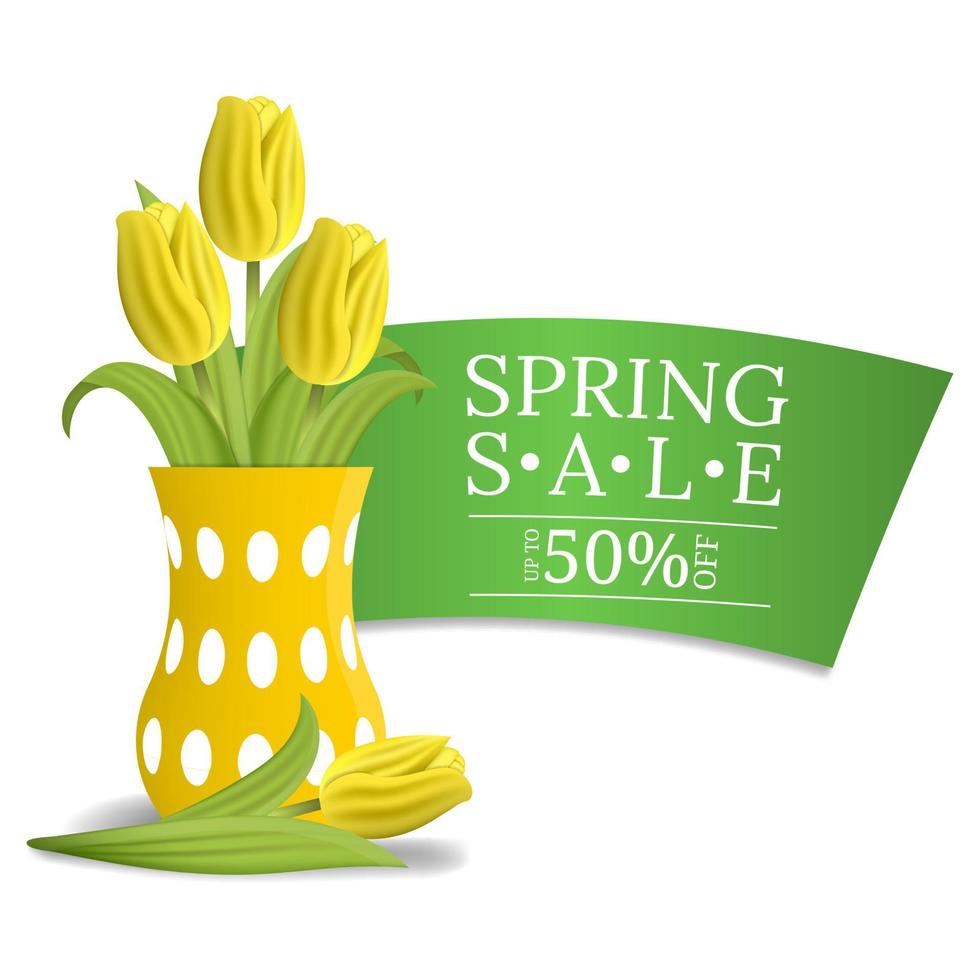 banner di vendita primaverile con bouquet di tulipani. buono, carta da parati, volantini, invito, poster, brochure, sconto coupon, biglietto di auguri. illustrazione vettoriale. vettore