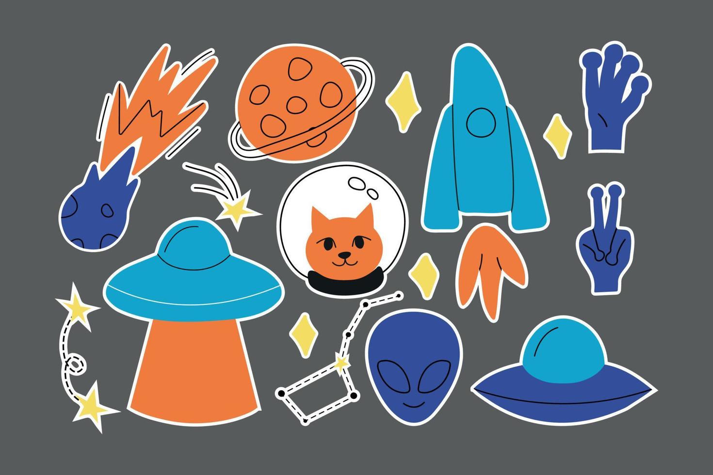 linee colorate set di icone con toppe adesivi con stelle di astronavi aliene ufo. logo mascotte moderno stile vettoriale stampa alla moda sul poster felpa t-shirt abbigliamento per bambini.