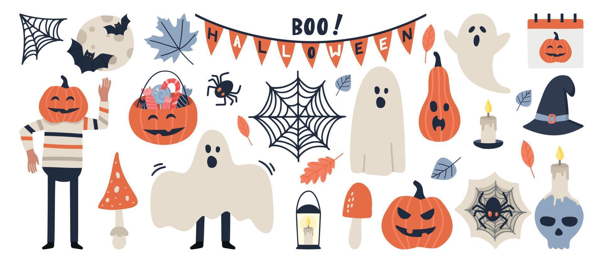 set vettoriale di testo scritto a mano halloween e simpatiche icone di halloween fantasmi, pipistrelli, zucca, caramelle di halloween, ragni. collezione doodle con decorazioni natalizie. divertente biglietto di auguri di halloween.