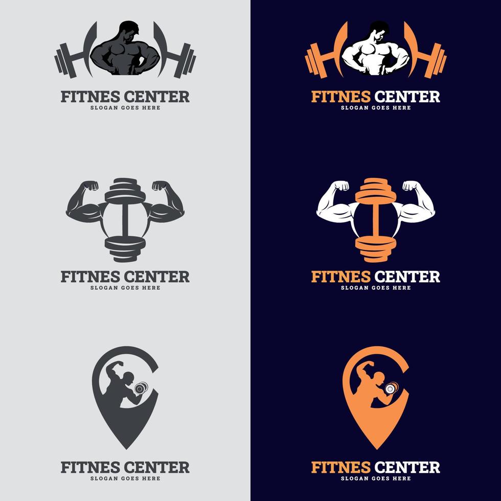 set di badge fitness. modello di progettazione logo palestra fitness. etichette in stile vintage con simboli di silhouette sportive vettore