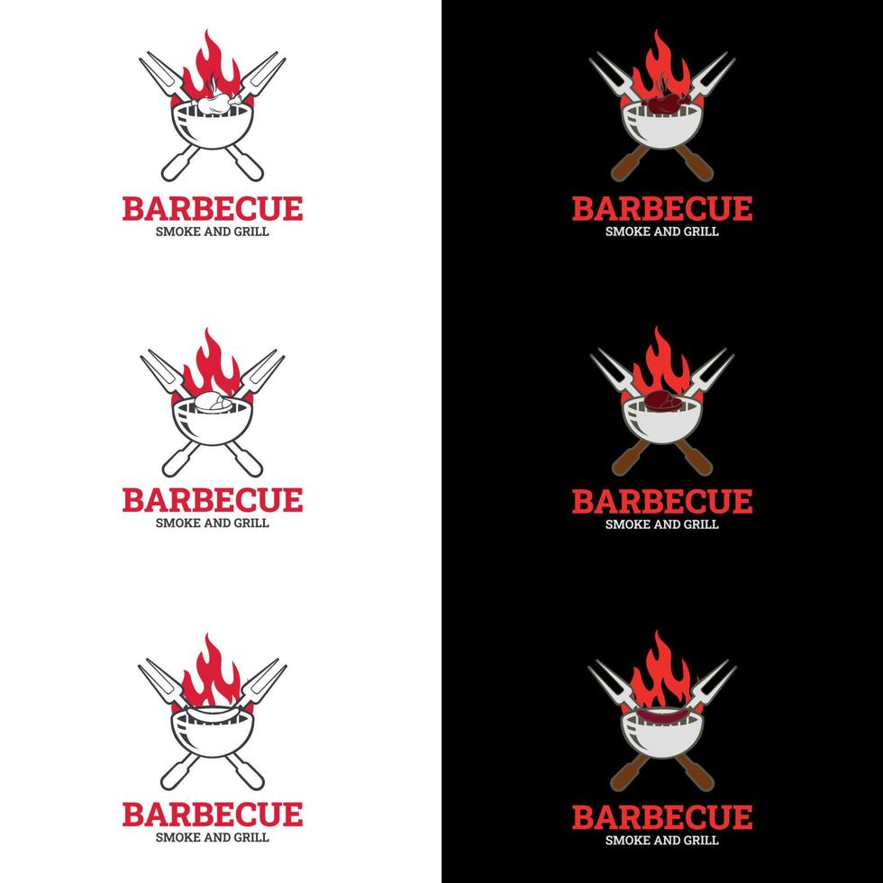 logo della griglia del barbecue. logo di barbecue, grill e bar con fuoco, forchetta e spatola per grill. modello di logo barbecue. vettore