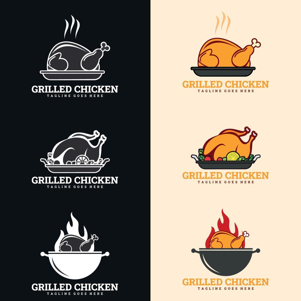 vettore di logo di pollo alla griglia. logo di cibo caldo di pollo, modello di logo di arrosto di pollo