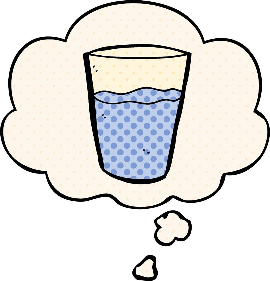 cartone animato bicchiere d'acqua e bolla di pensiero in stile fumetto vettore