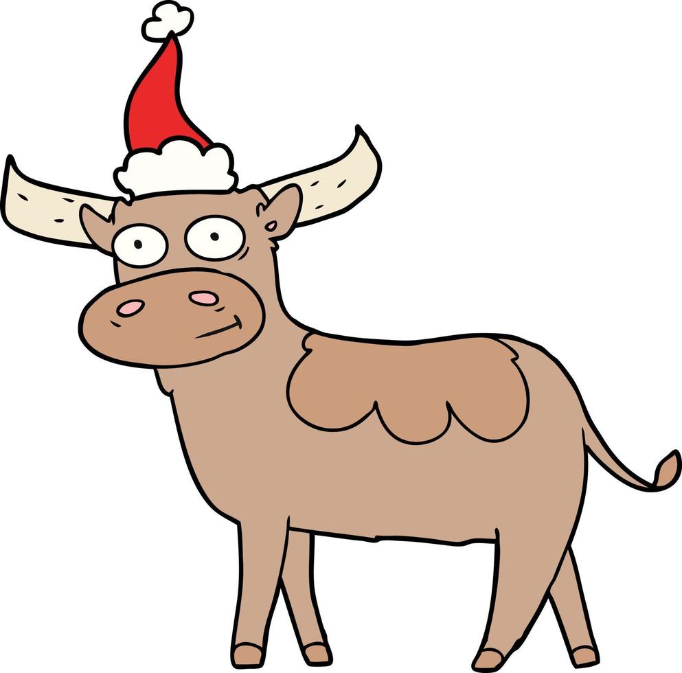 disegno a tratteggio di un toro che indossa il cappello di Babbo Natale vettore