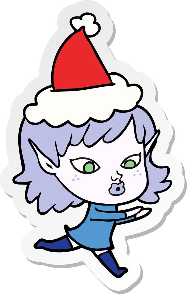 simpatico cartone animato adesivo di una ragazza elfo che indossa il cappello di Babbo Natale vettore