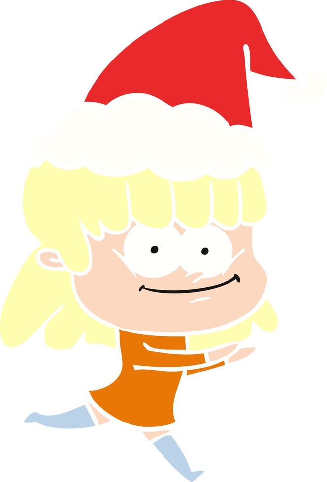 illustrazione a colori piatta di una donna sorridente che indossa il cappello di Babbo Natale vettore