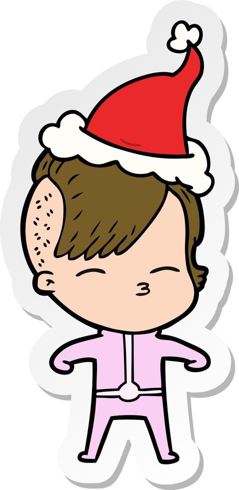 adesivo cartone animato di una ragazza che indossa abiti futuristici che indossa il cappello di Babbo Natale vettore