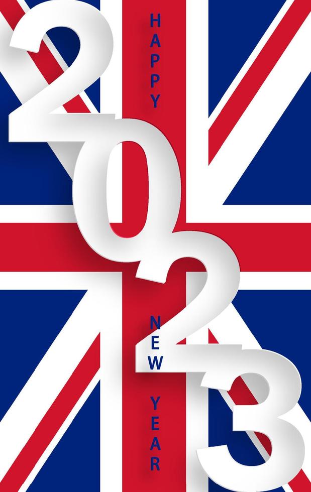 felice anno nuovo 2023, motivo festivo con il concetto di bandiera britannica vettore