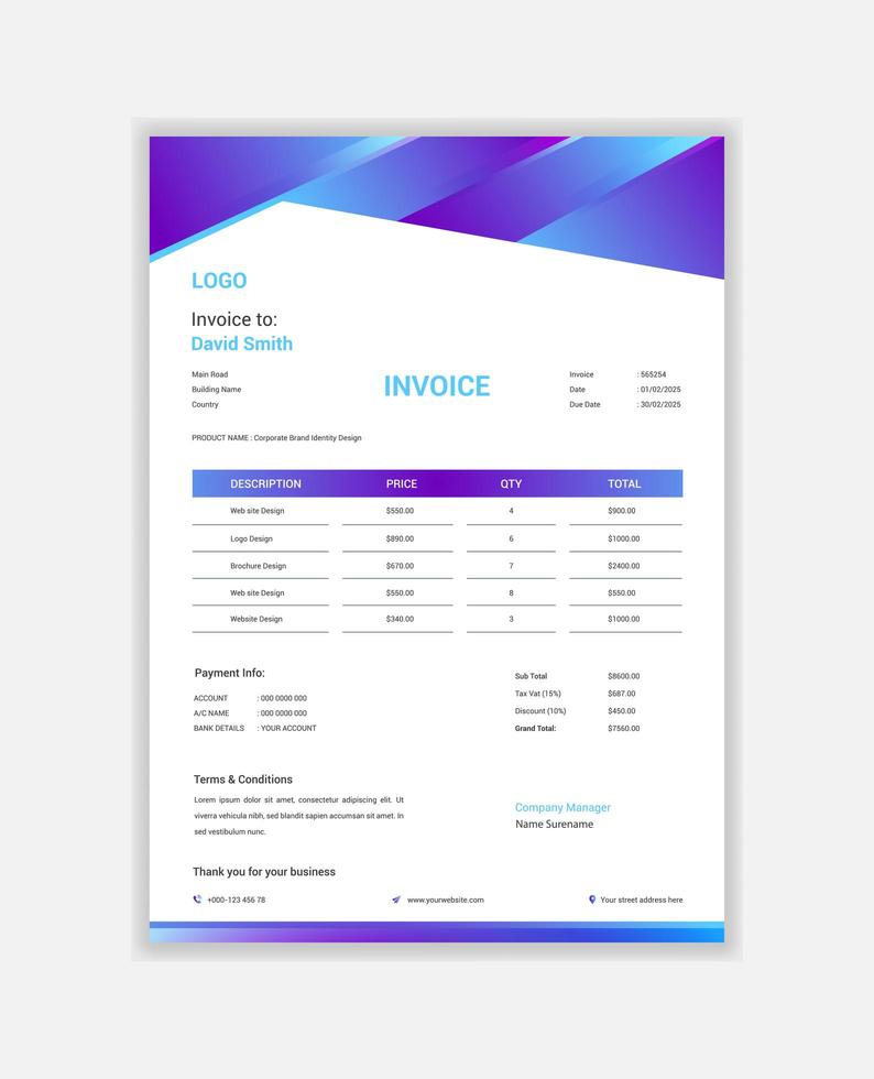 lucida fattura aziendale gradiente viola e blu vettore