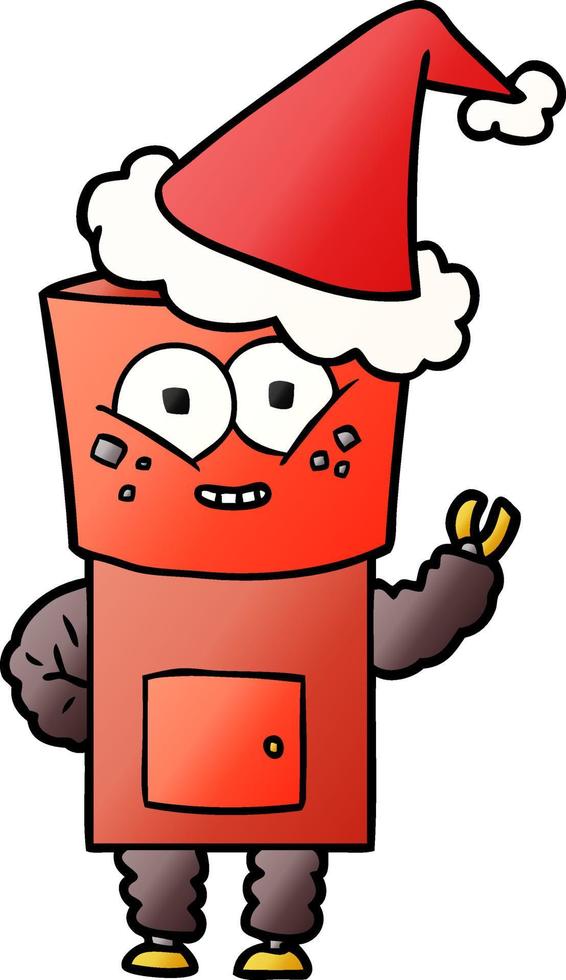 felice cartone animato sfumato di un robot che saluta indossando il cappello di Babbo Natale vettore