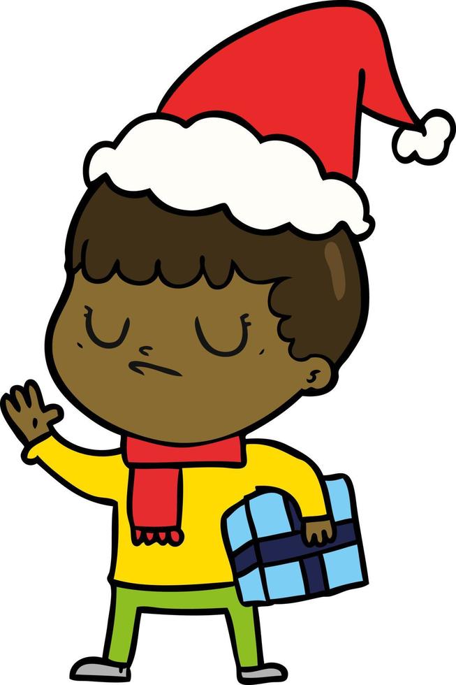 disegno a tratteggio di un ragazzo scontroso che indossa il cappello di Babbo Natale vettore