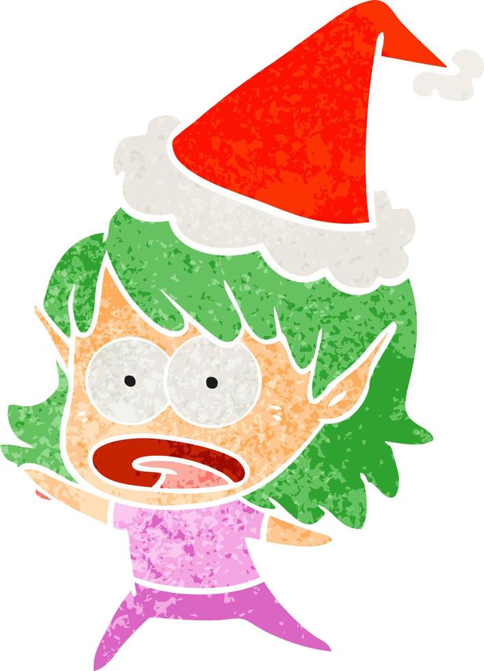 cartone animato retrò di una ragazza elfo scioccata che indossa il cappello di Babbo Natale vettore