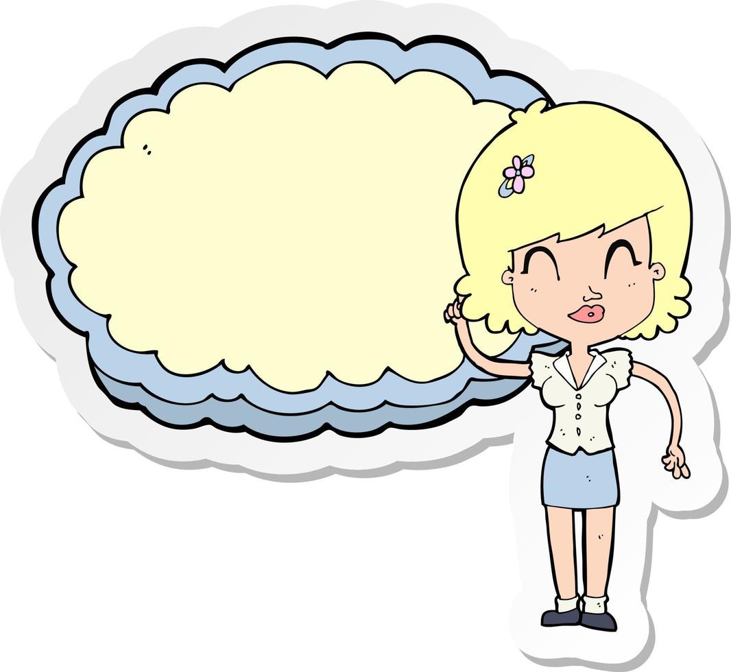 adesivo di una donna cartone animato con spazio di testo cloud vettore